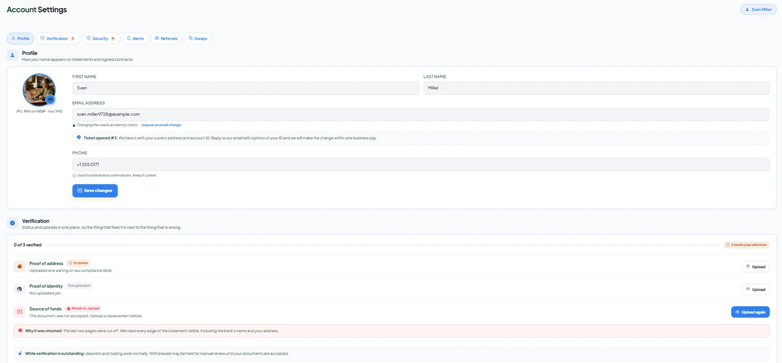 Account settings with profile and KYC verification status