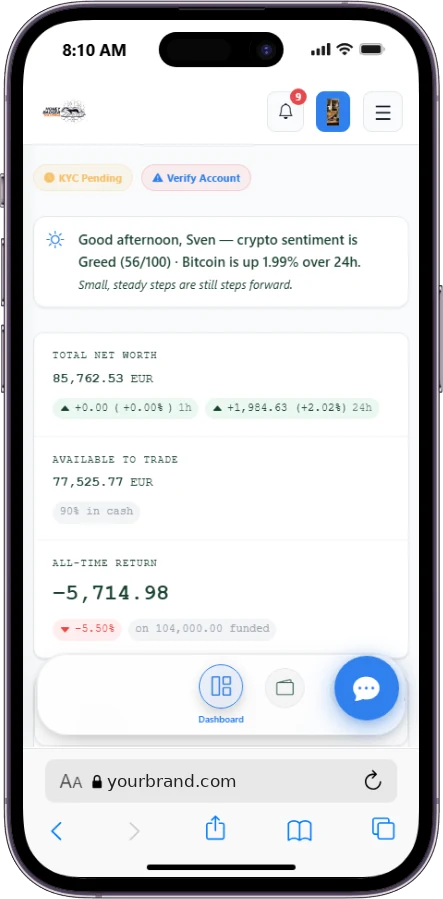 Client dashboard on a mobile phone