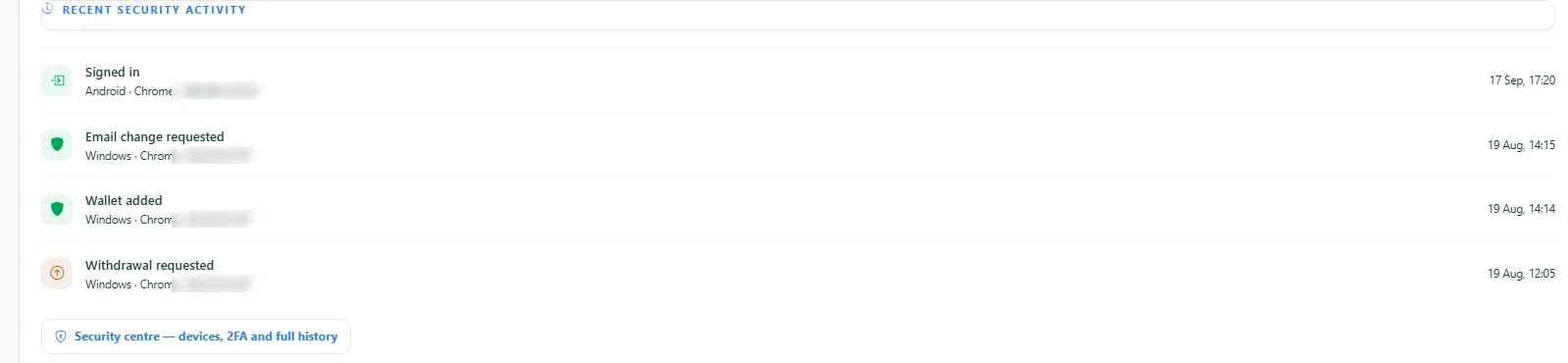 Recent security activity log with sign-ins, wallet changes and withdrawals