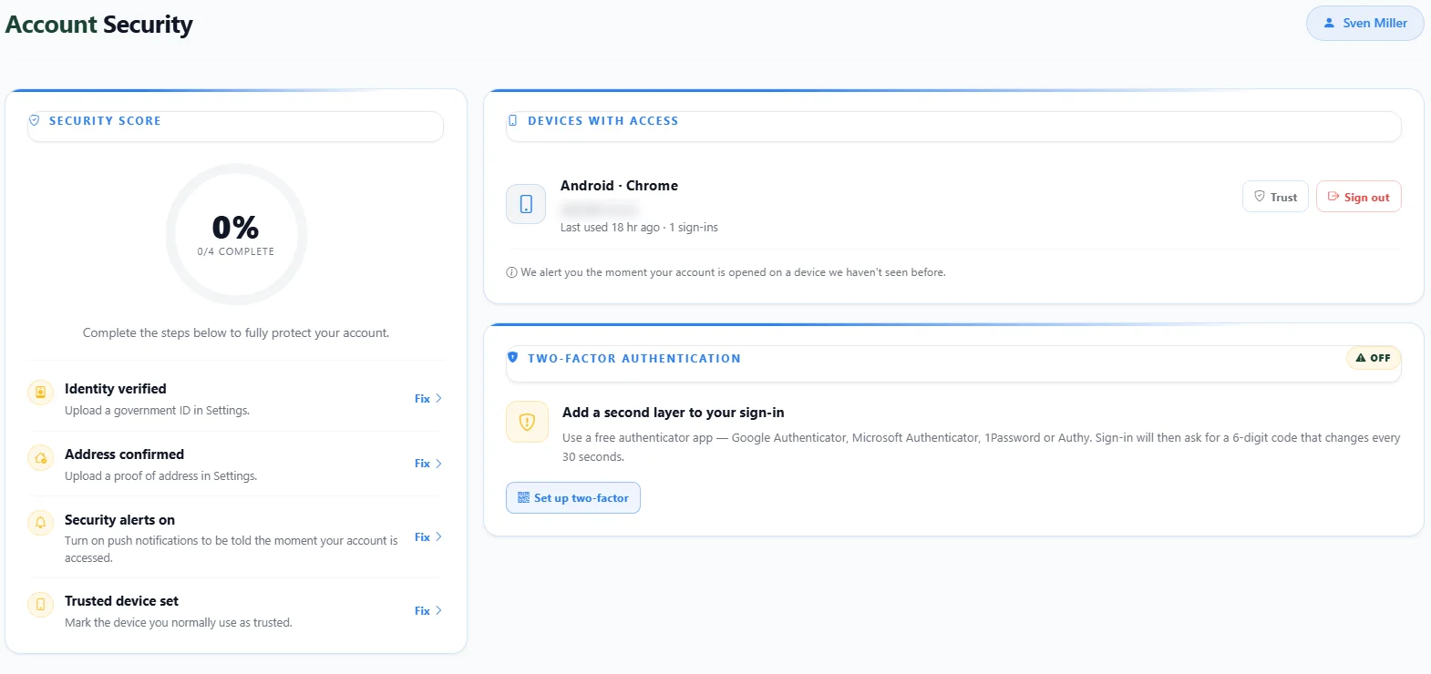 Security centre: security score, trusted devices and two-factor authentication.