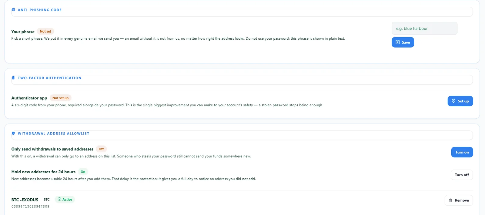 Anti-phishing code, two-factor authentication and withdrawal address allowlist settings