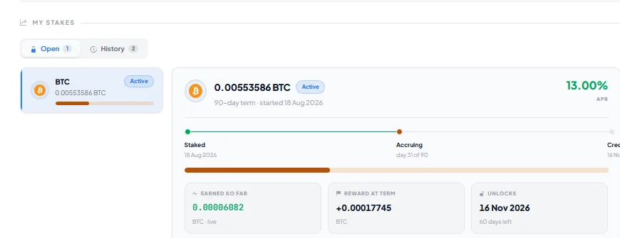 Stake detail with accrual progress, earned rewards and unlock date